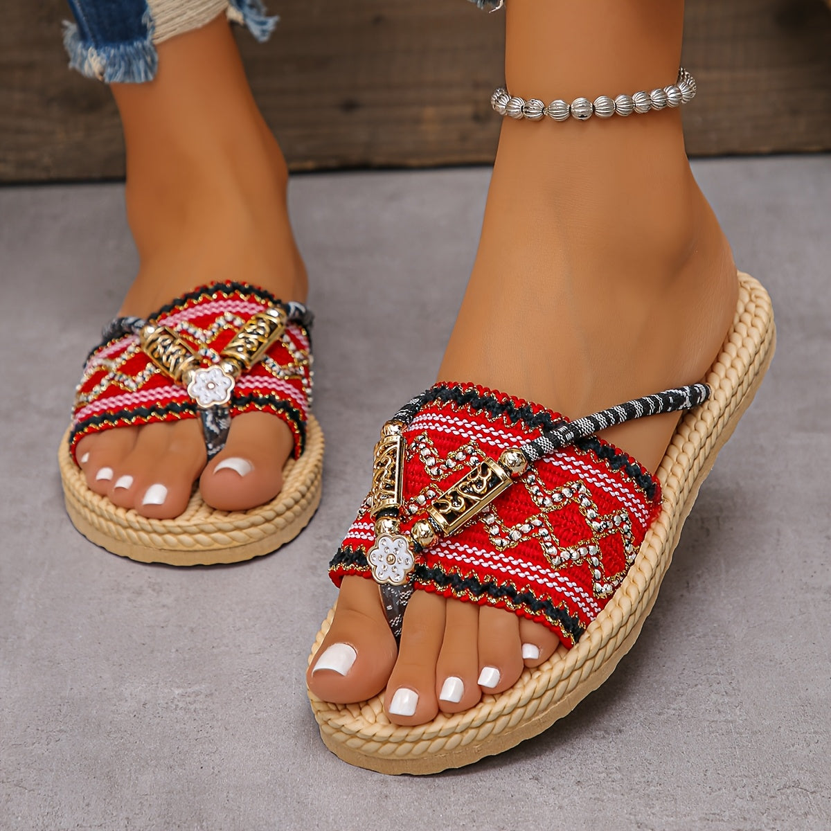Women's Ethnic Flat Sandals with Beaded Ankle Straps Open Toe Summer Wear