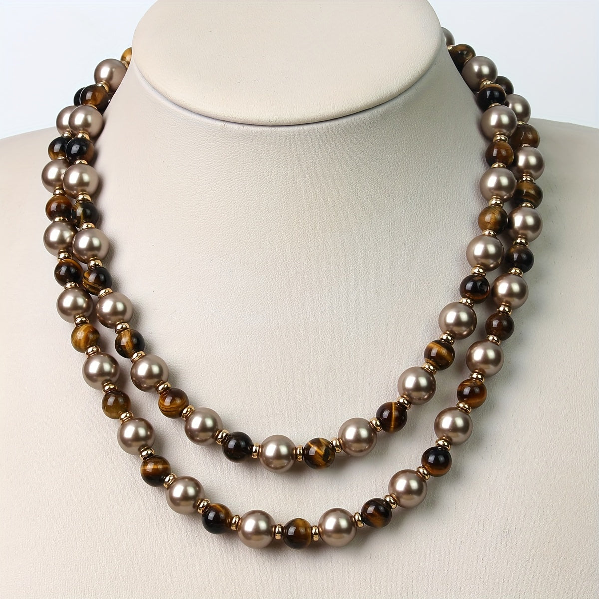Women's Autumn Winter Necklace with Tiger Eye and Imitation Pearl Beads