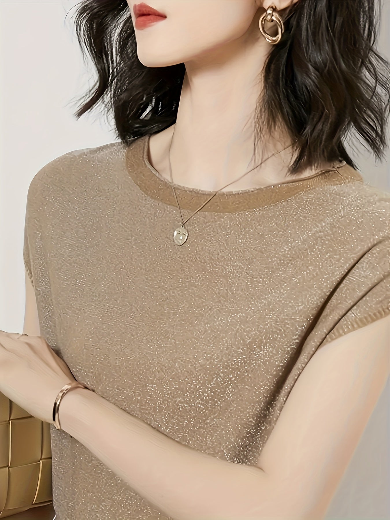 Loose Knit Sweater with Metallic Threads Crew Neck Casual Viscose Polyester Solid Color All Season