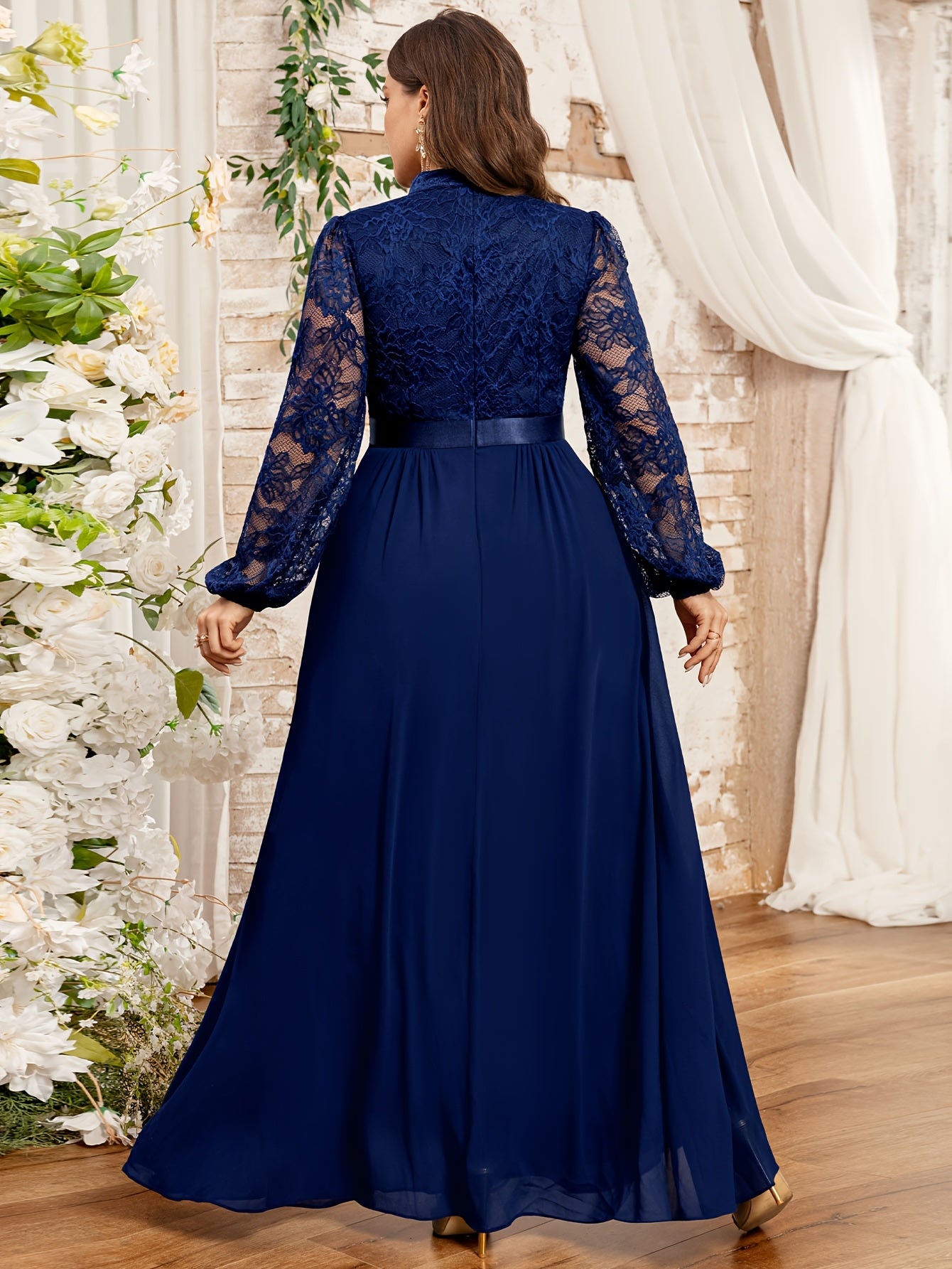 Plus Size Women Long Gown Lace Ruffled Hem Formal Evening Dress