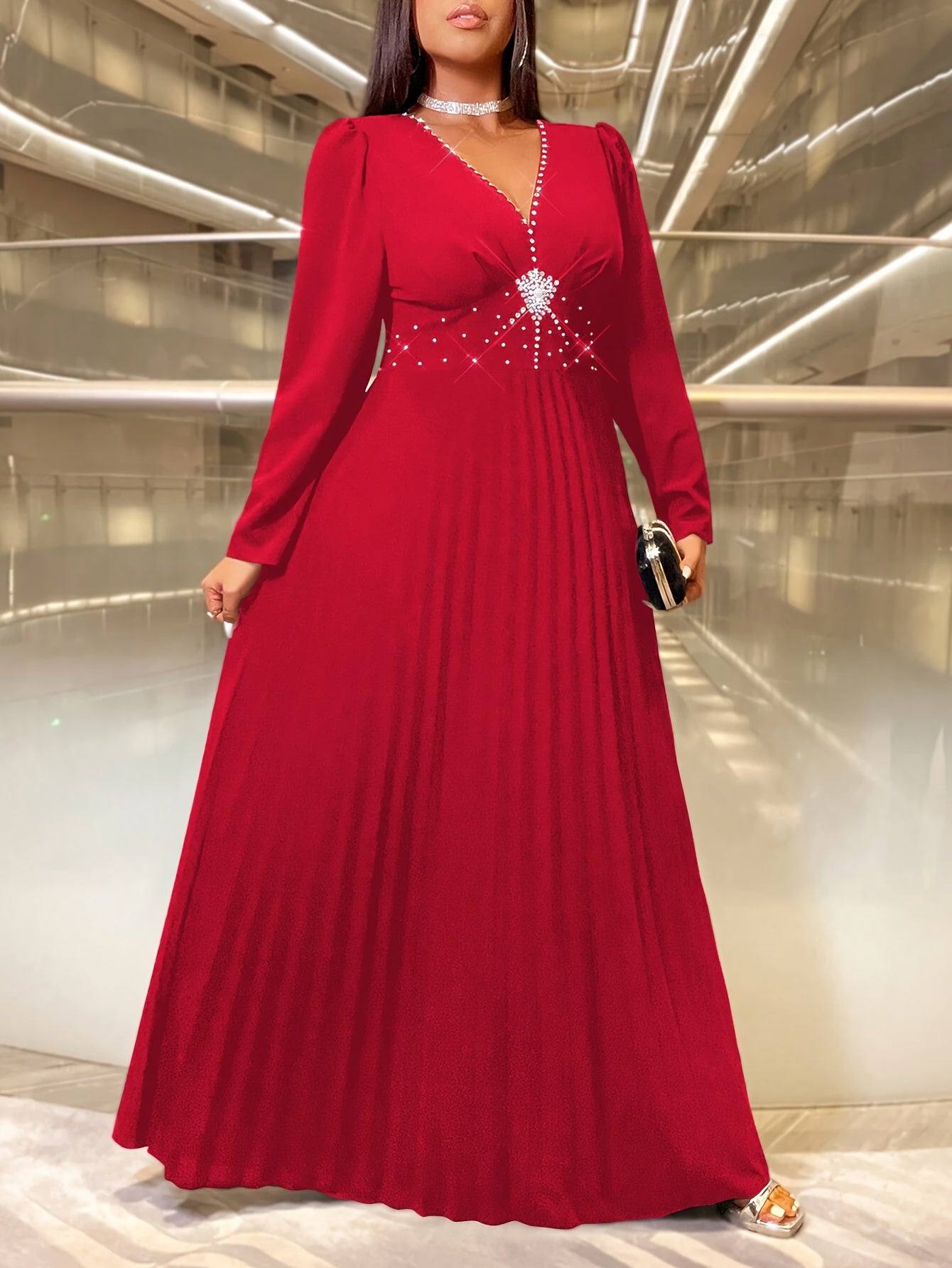 Plus Size V-Neck Long Sleeve Maxi Dress Ruched Hem Red Formal Party Wear