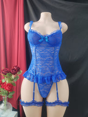 Women's Large Size Lace Suspender Pajama Set with Panties and Leg Ring