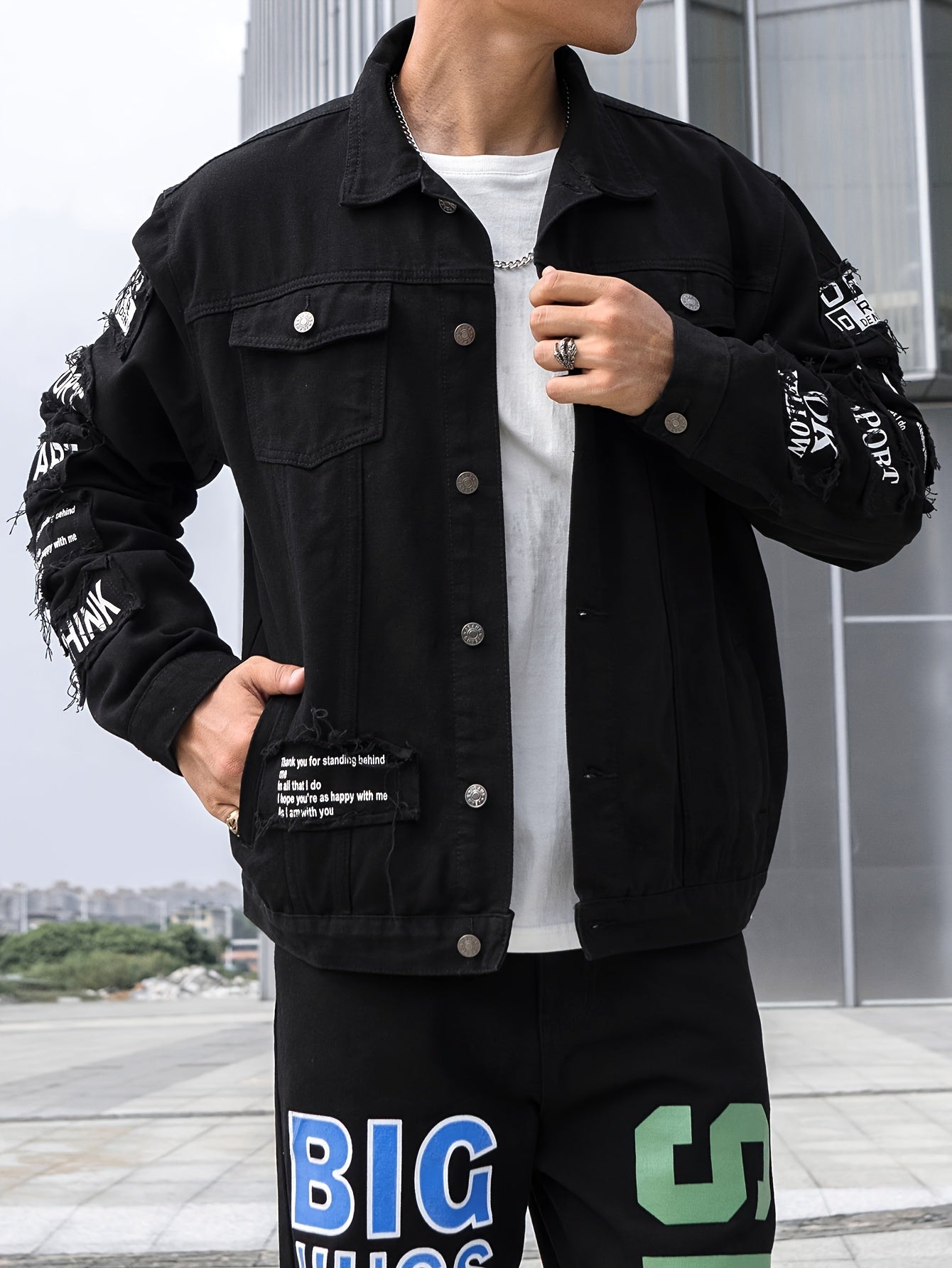 Мужская джинсовая куртка из хлопка с длинными рукавами, повседневный стиль, алфавитный узор, с карманом