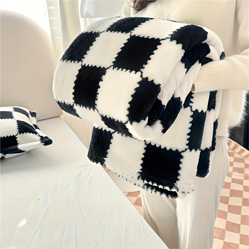 Soft Panda Velvet Polyester Cozy Plaid Blanket for All-Season Use