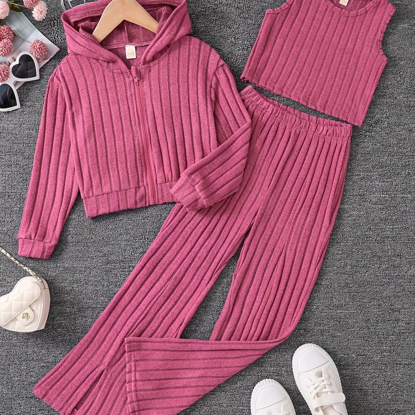 Girls' 3-Piece Outfit Set Long Sleeve Zip Hoodie Tank Top Pants Solid Rib Knit Fall Spring