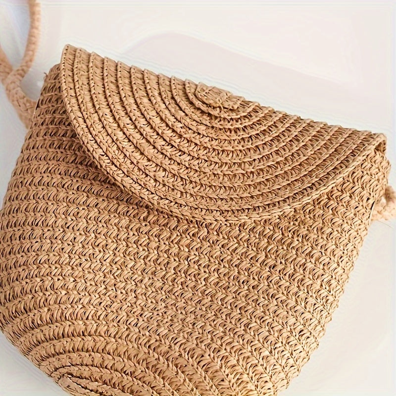 Women's Khaki Beach Sun Hat and Woven Shoulder Bag Set for Spring Summer Vacation