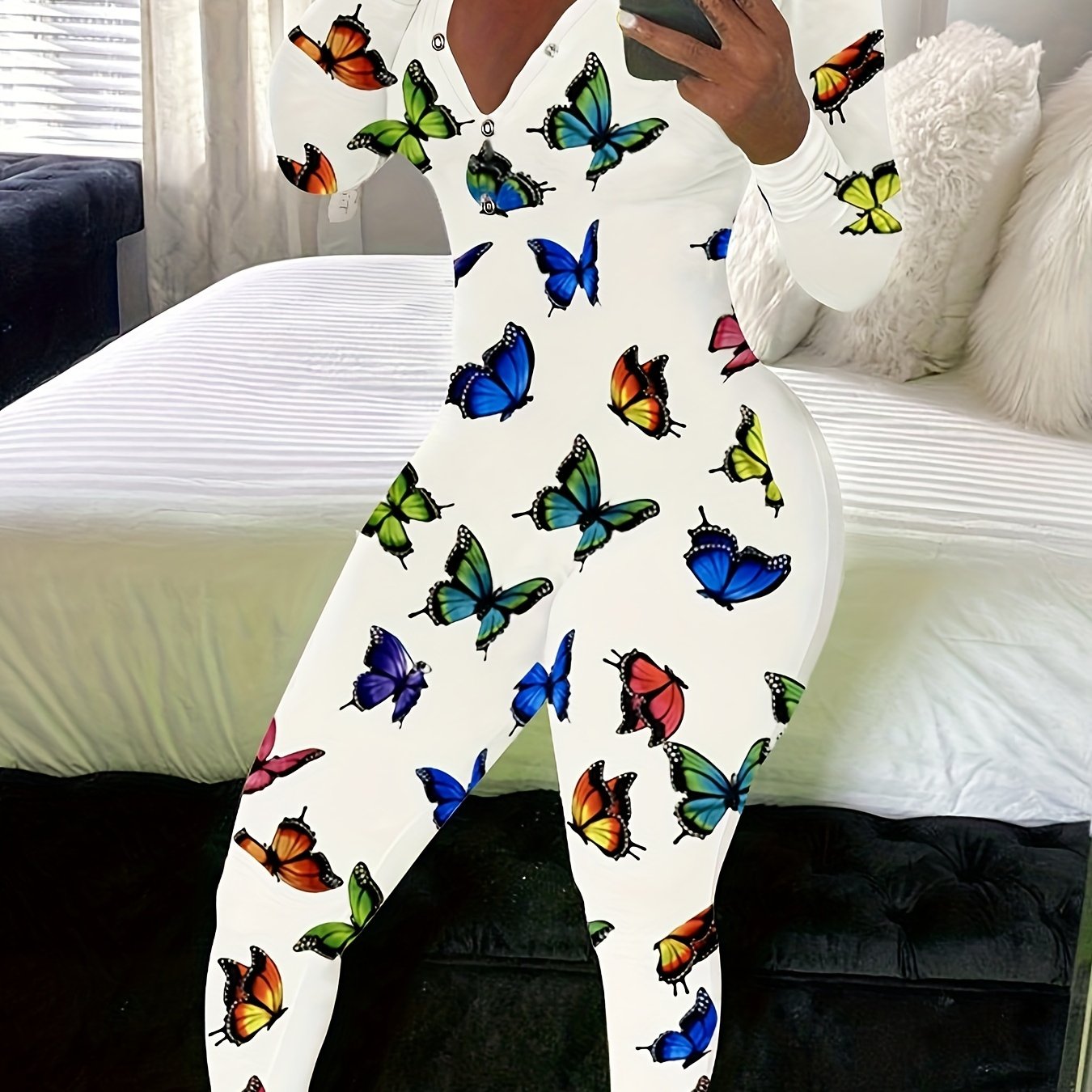 Women's Black Stretchy Butterfly Print Casual Jumpsuit with V-Neck and Button Front