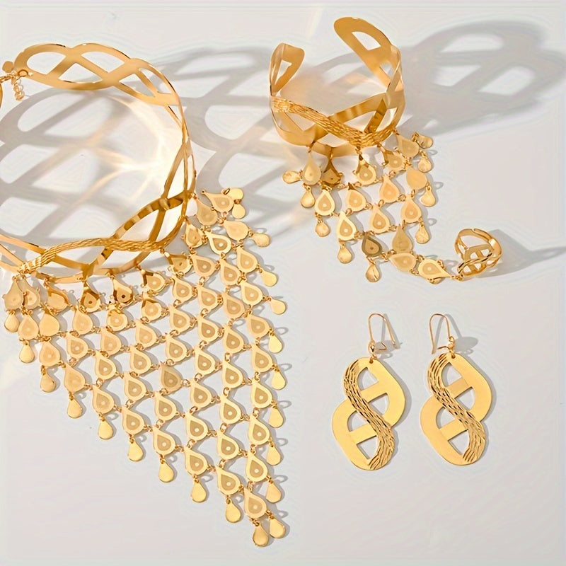 Bohemian Luxurious 18K Oltin Qoplangan Mis Zargarlik To'plami - O'rta Sharq Uslubidan Ilhomlangan, To'ylar, Partiyalar, Ramazon Bayramlari Uchun Mukammal - Barcha Fasllar Uchun Zanjir, Quloq Nosh, Bilaguzuk va Uzukni O'z Ichiga Oladi