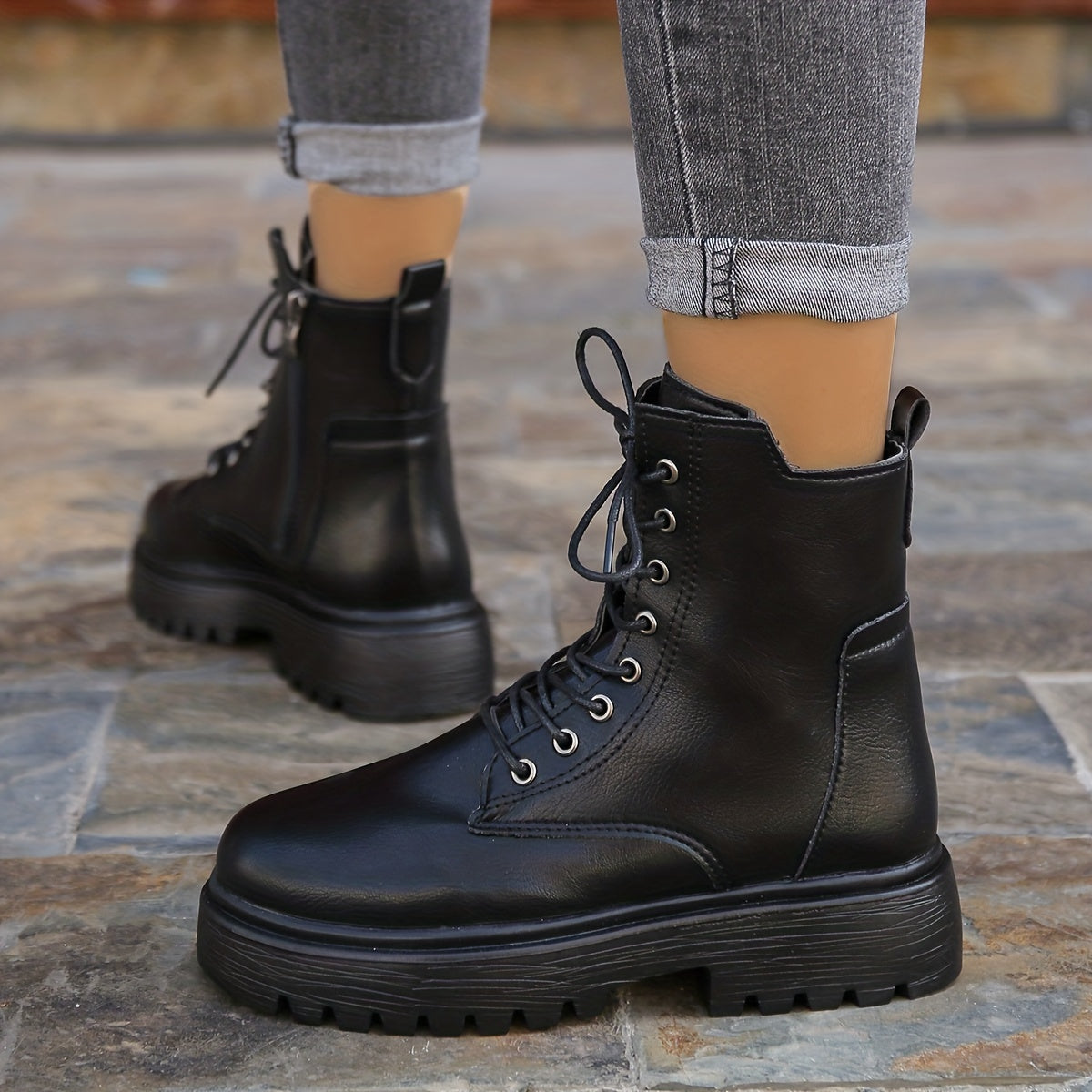 Women's Black Synthetic Leather Classic Boots with Neat Laces
