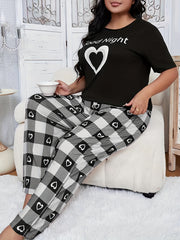 Women's Heart Print Casual Loungewear Set Black Short Sleeve Top and Pants