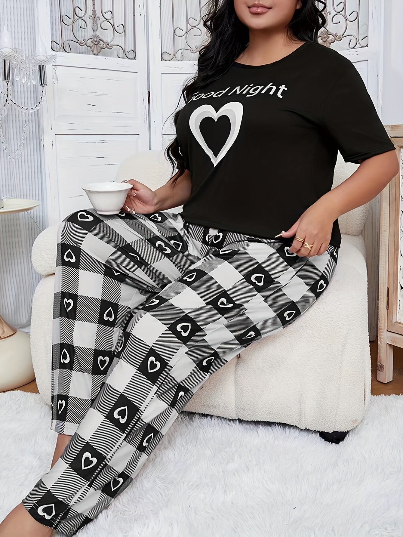 Women's Heart Print Casual Loungewear Set Black Short Sleeve Top and Pants