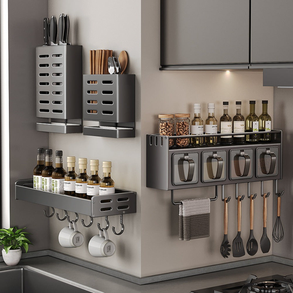 Modern Wall-Mounted Metal Spice Rack Organizer with Hanging Shelf for Kitchen Storage
