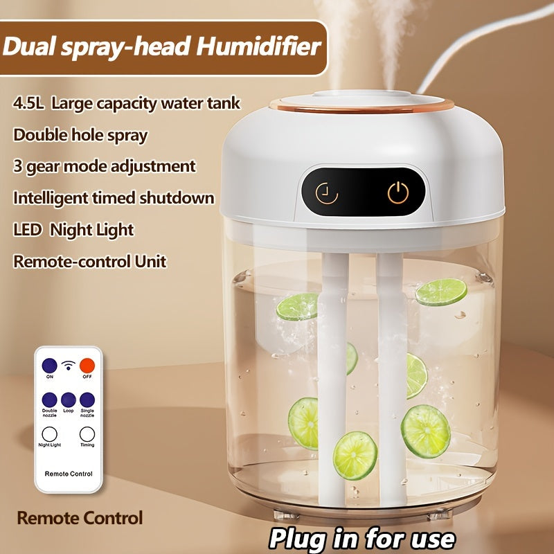 Увлажнитель с двойной насадкой-распылителем, подключаемый, с пультом дистанционного управления, резервуаром для воды 4,5 л, ночником, таймером