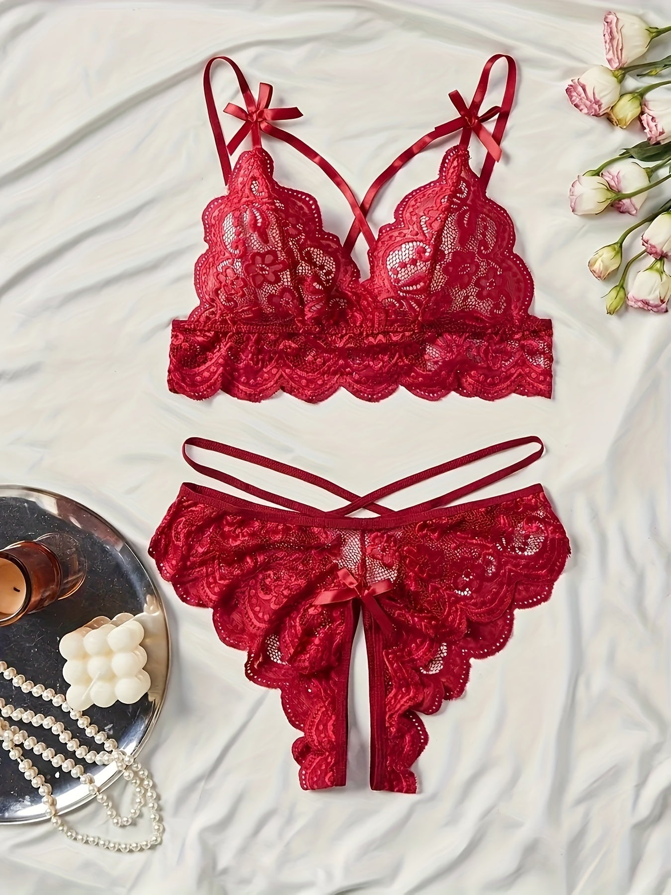 Women's Floral Lace Lingerie Set with Push-Up Bra and Strappy Thong