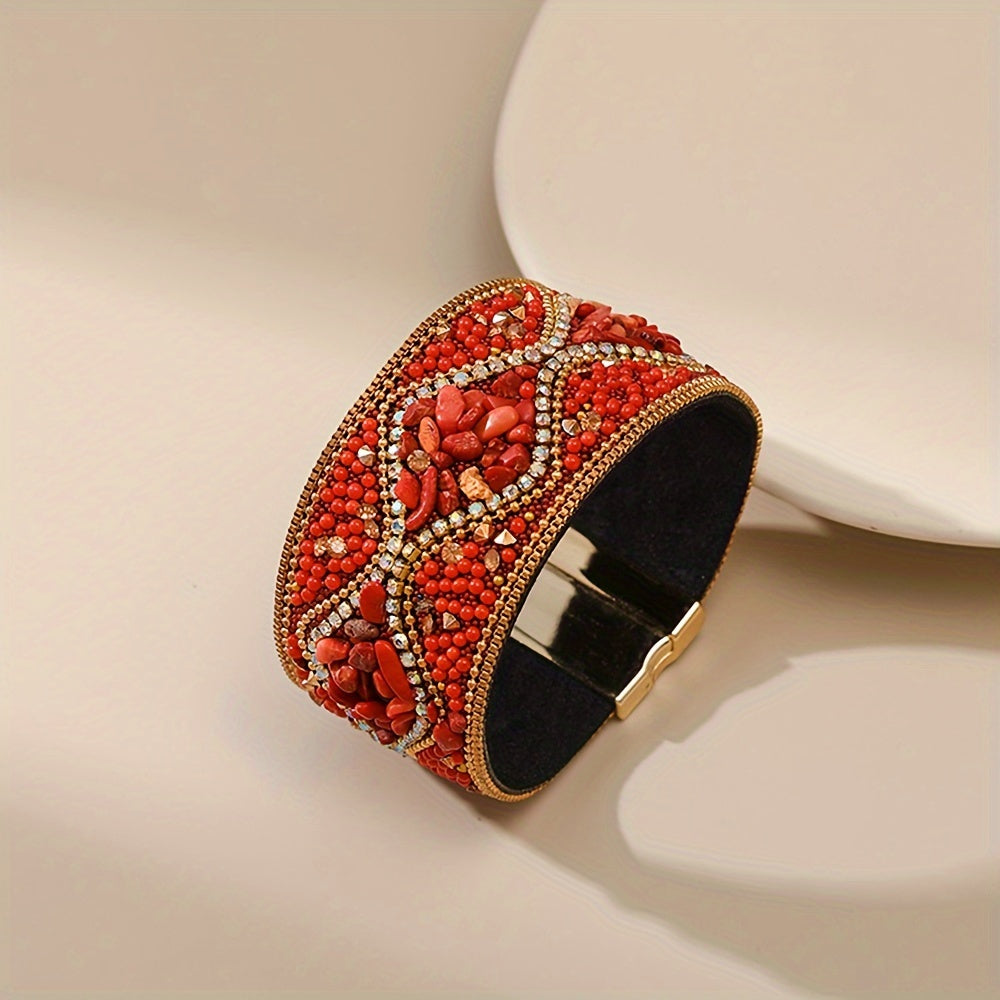 Women's Handmade Natural Stone Bead Faux Leather Bracelet with Magnetic Clasp