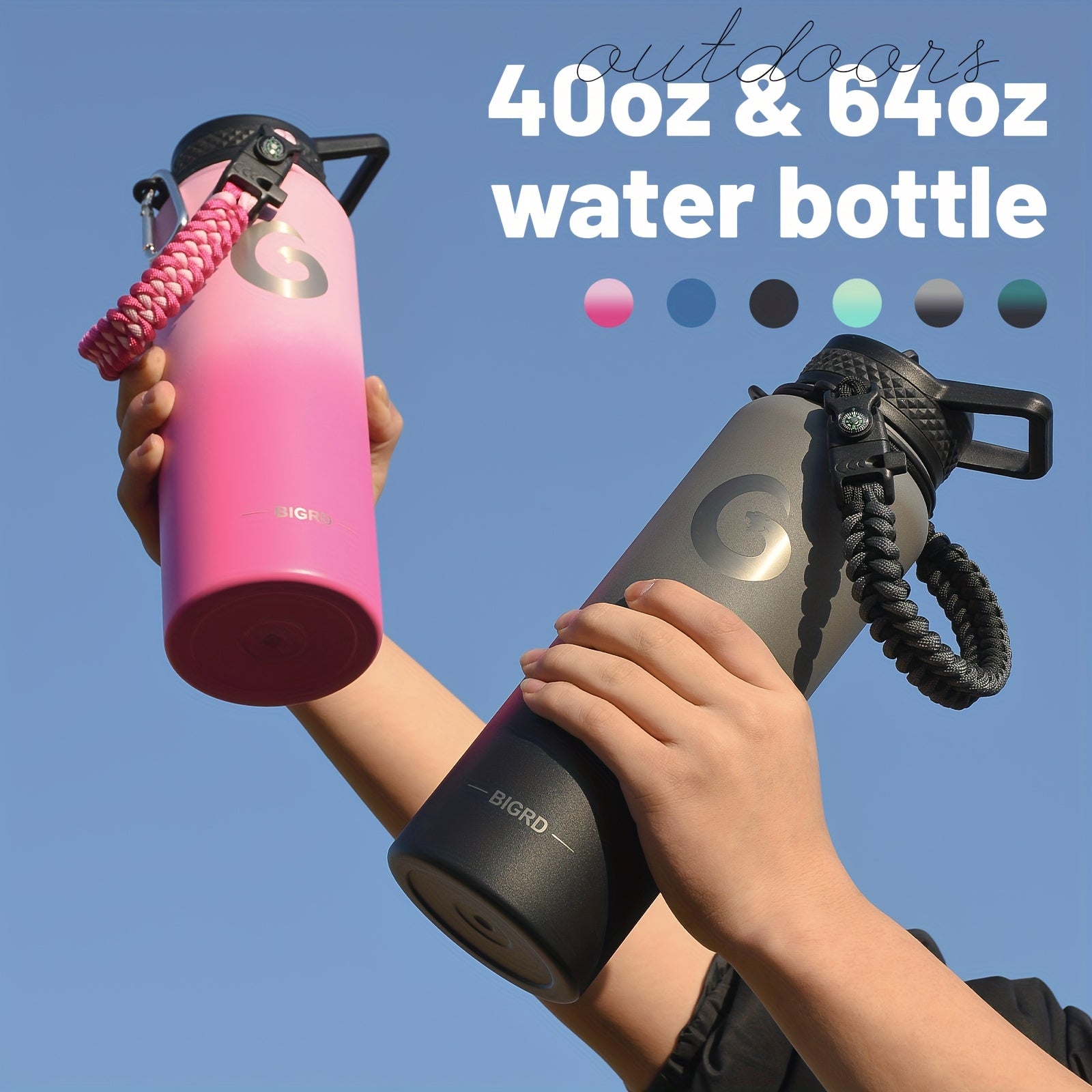 Botella de agua aislada de acero inoxidable con vacío de 40oz/1183ml o 64oz/1893ml, asa de paracord y boquilla con pajilla