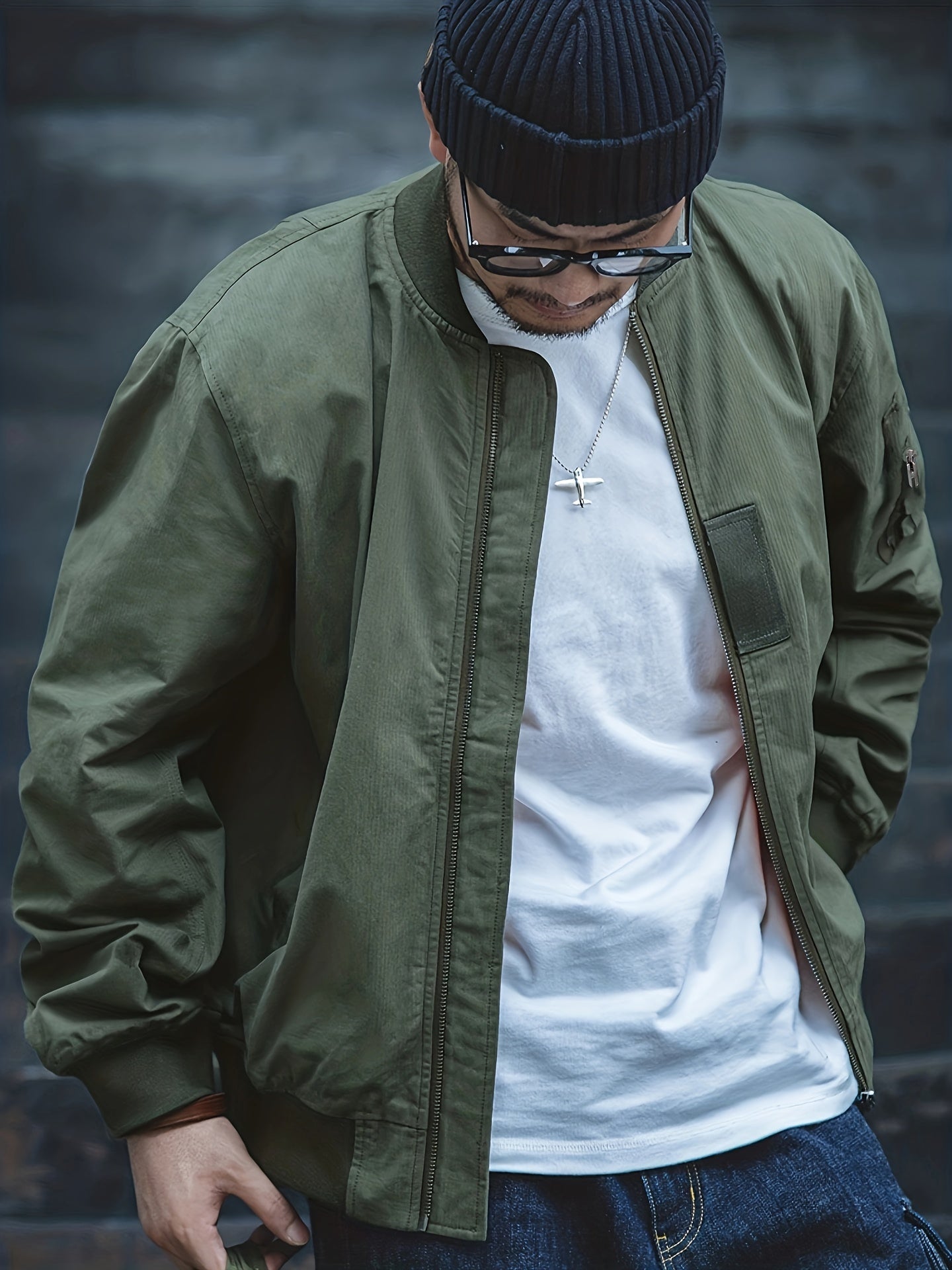 Plus Size Men's Olive Green Bomber Jacket Vintage Military Baseball Style All-Season Polyester