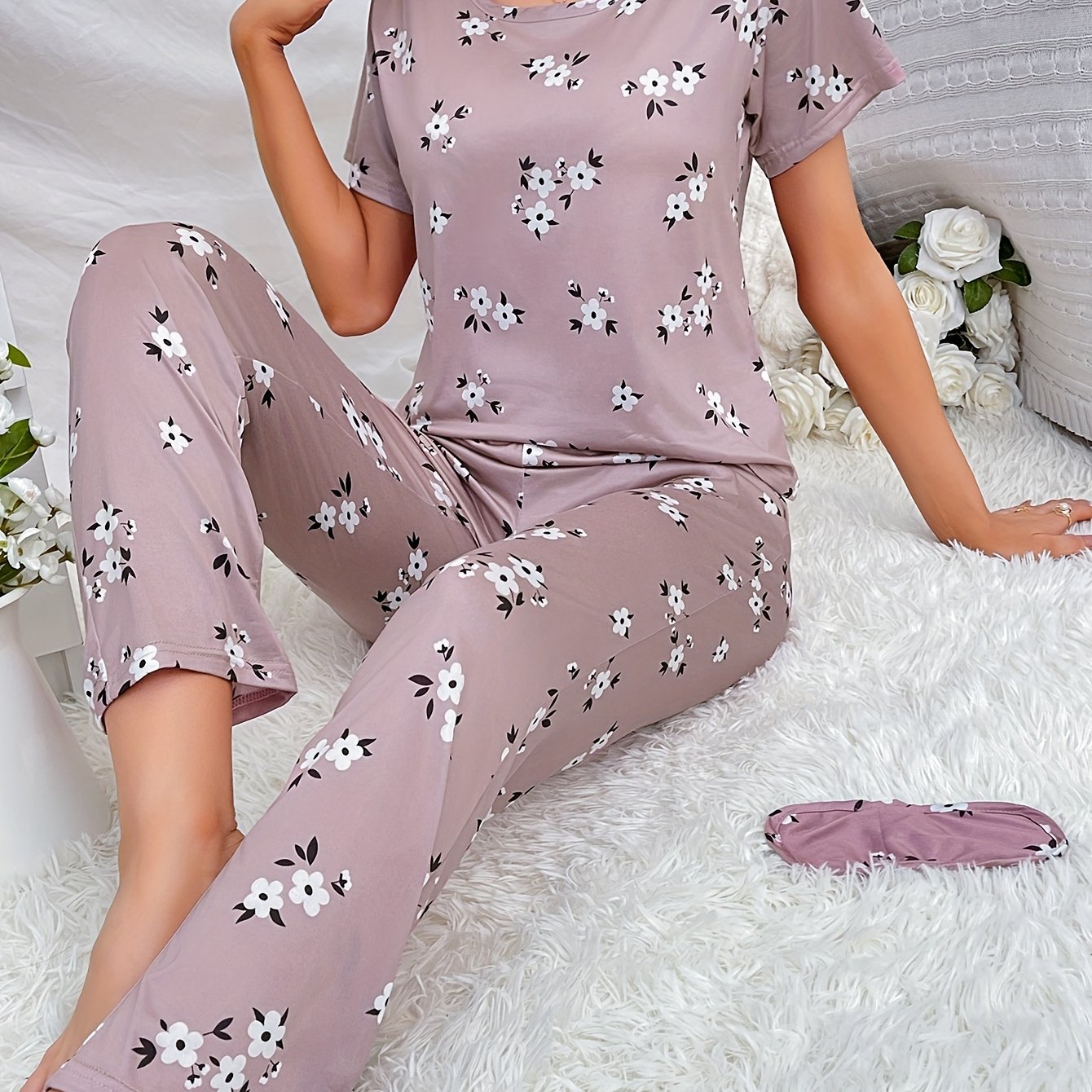 Women's Floral Pajama Set Short Sleeve Top Elastic Waist Pants Spring Summer