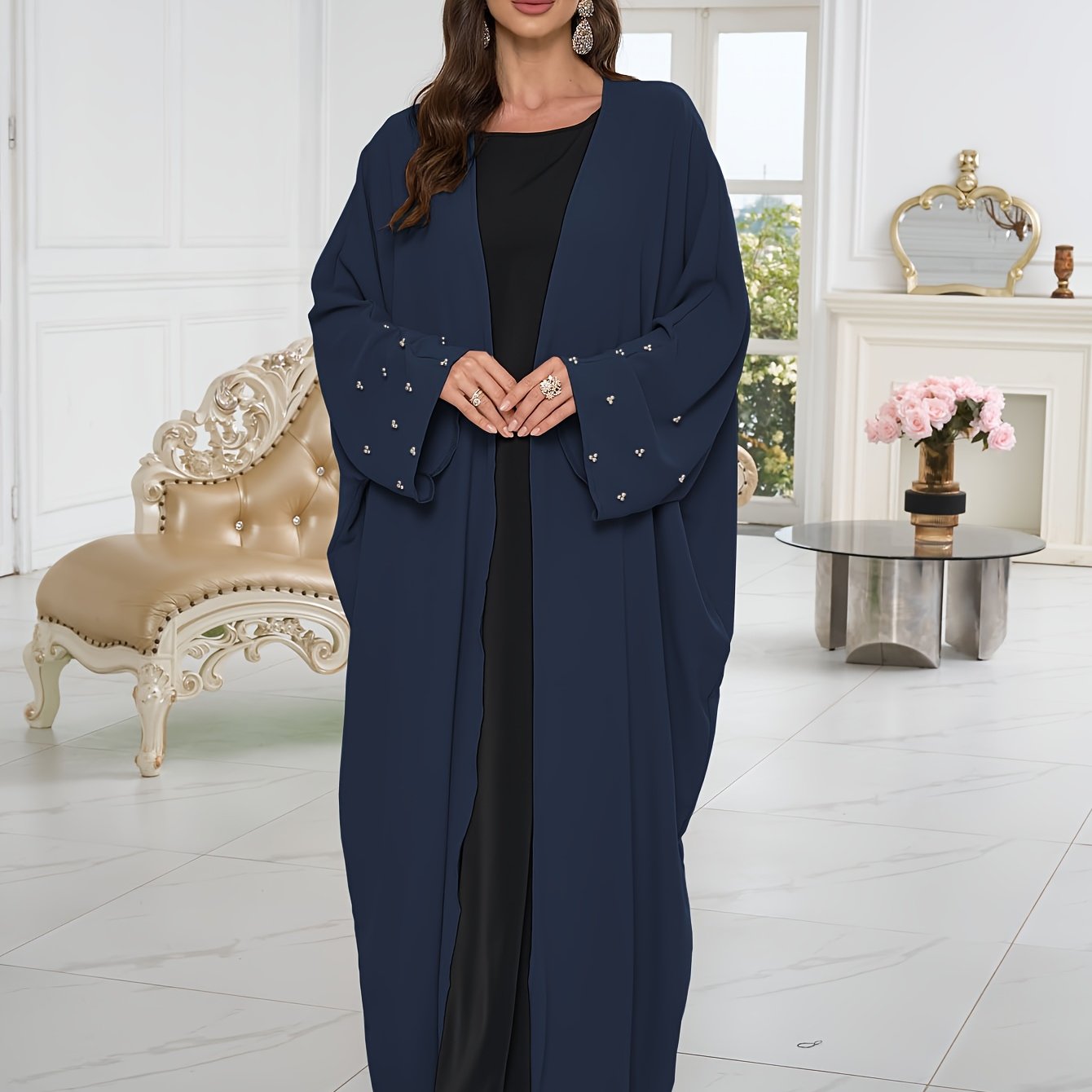 Women Abaya Robe Floor-Length Modest Dress with Pearl Embellishments, Beige Black