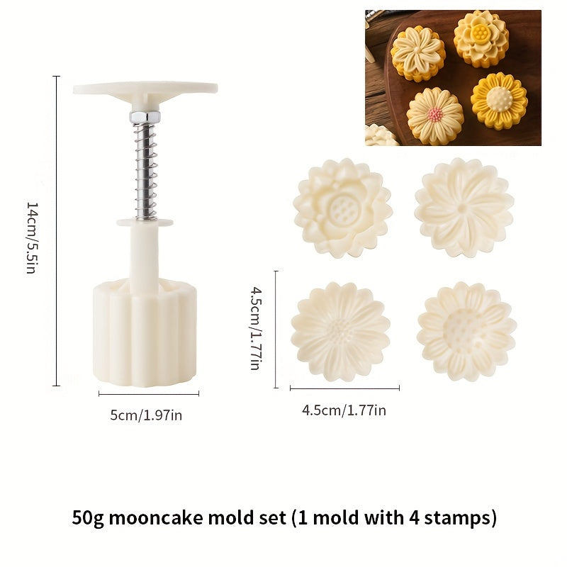 Flower Moon Cake Mold Set with 1 Mold and 4 Stamps for Mid Autumn Pastries