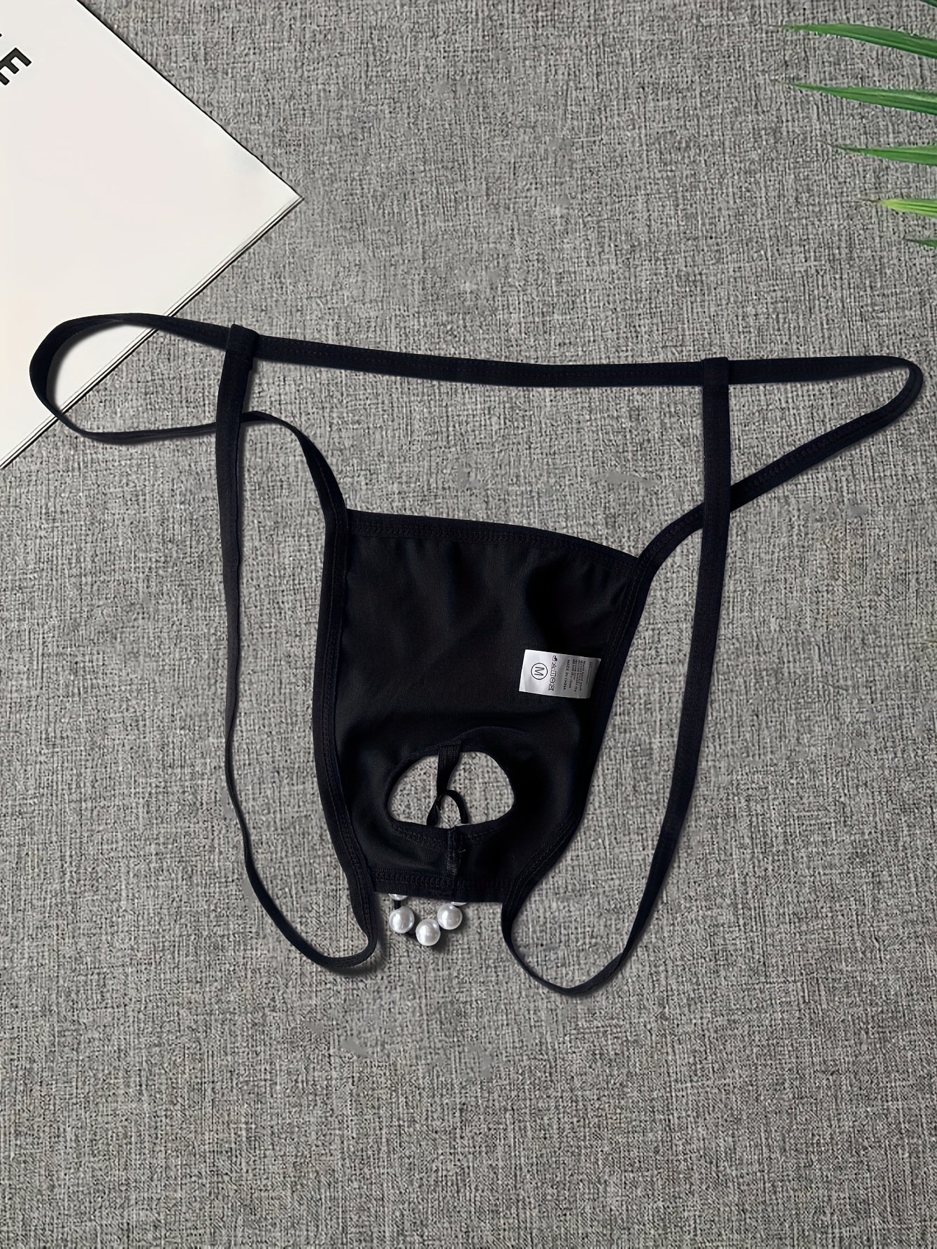 Men's Tuxedo Print Thong with Beaded Chain Detail Sexy Lingerie Medium Stretch Knit Costume Accessory