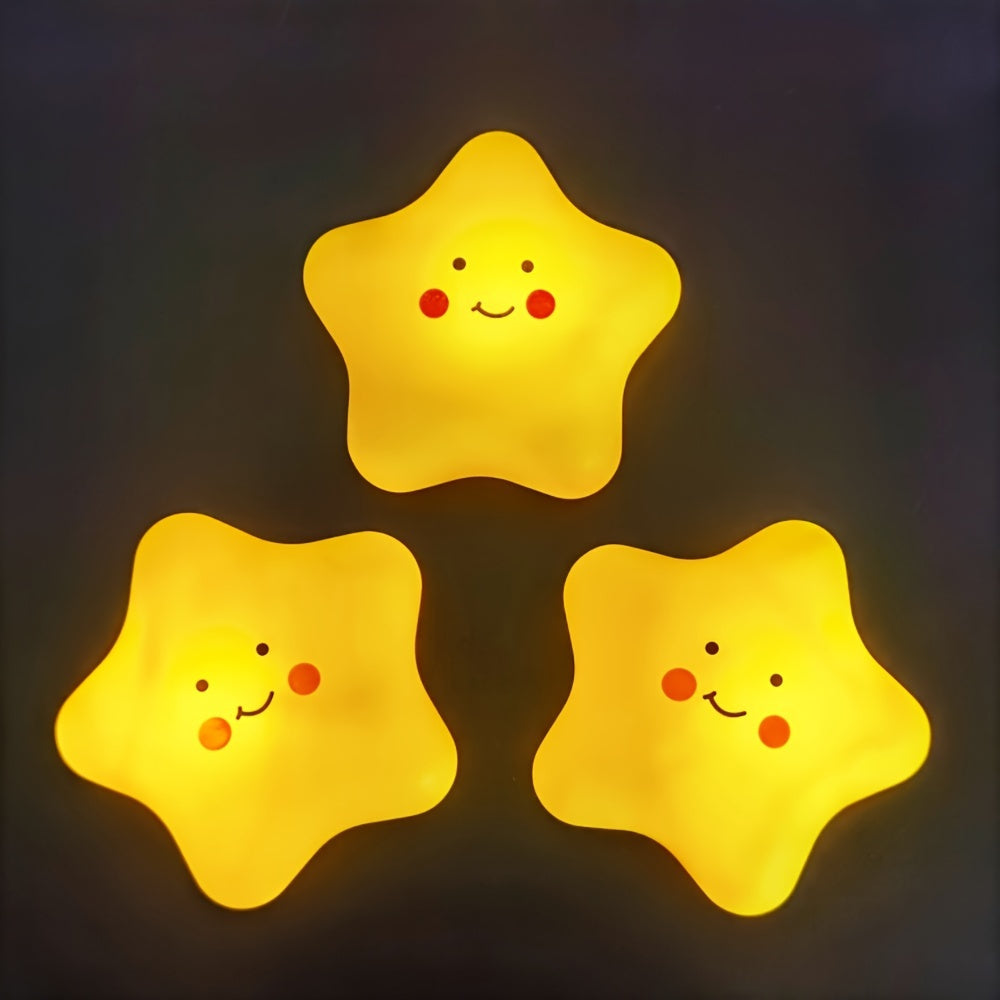 Star-Shaped LED Night Light with Smile Expression Soft Yellow Glow Plastic Battery Operated