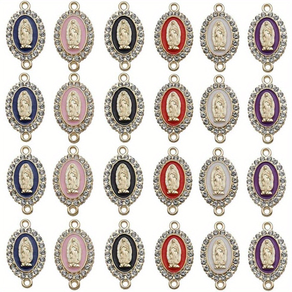 Set of 36 Enamel Virgin Mary Charms with Rhinestone Inlay for Jewelry Making and Easter Decorations
