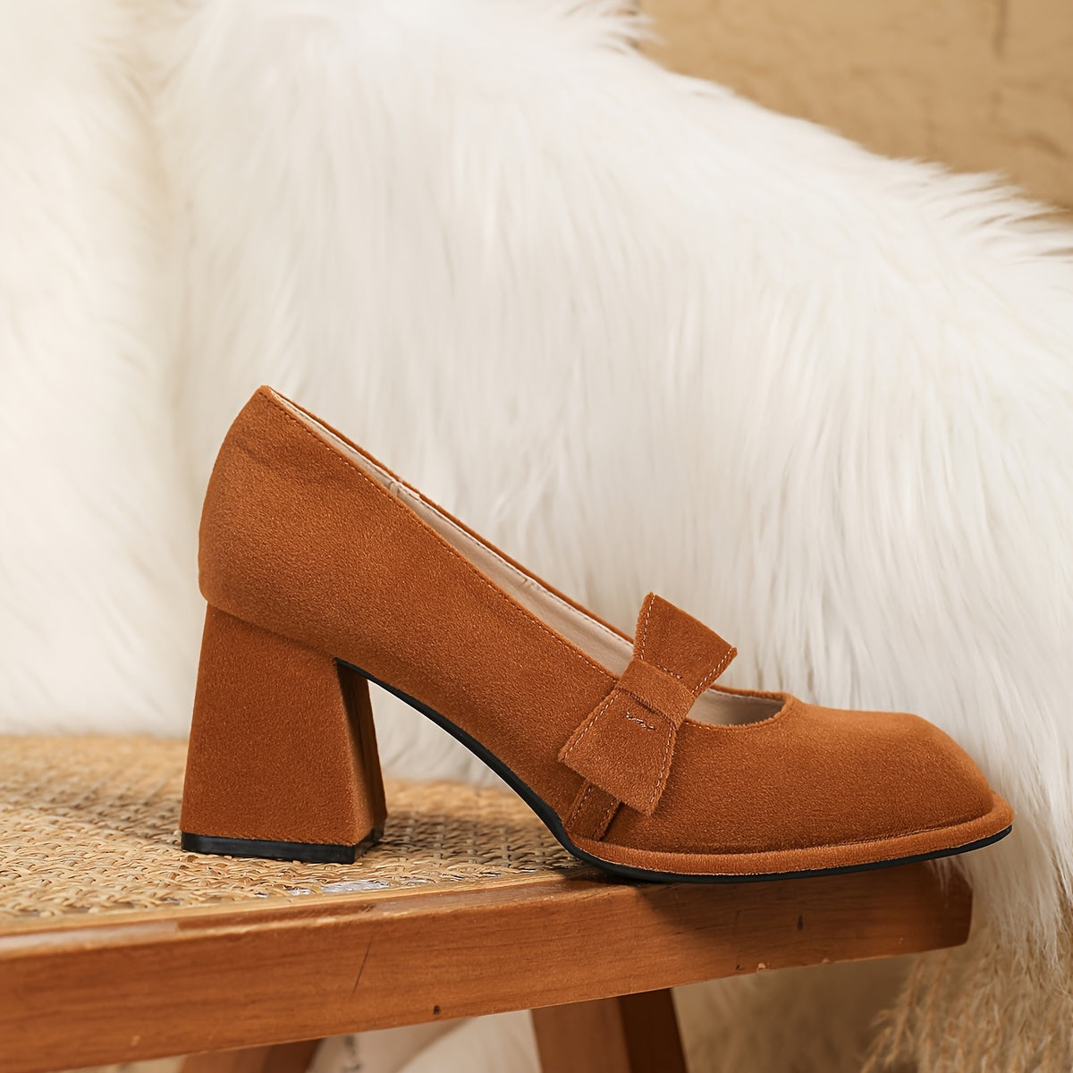 Women’s Chunky Heel Mary Jane Pumps Breathable Fabric Square Toe High Heels