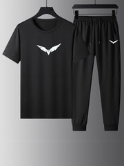 Men's Black Short Sleeve T-Shirt and Pockets Trousers Pajama Set Spring Summer Casual