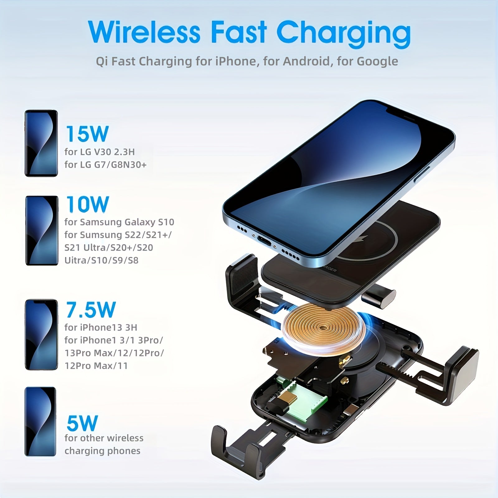 Cargador inalámbrico para coche 15W Qi de carga rápida con sujeción automática en el tablero soporte para teléfono material ABS