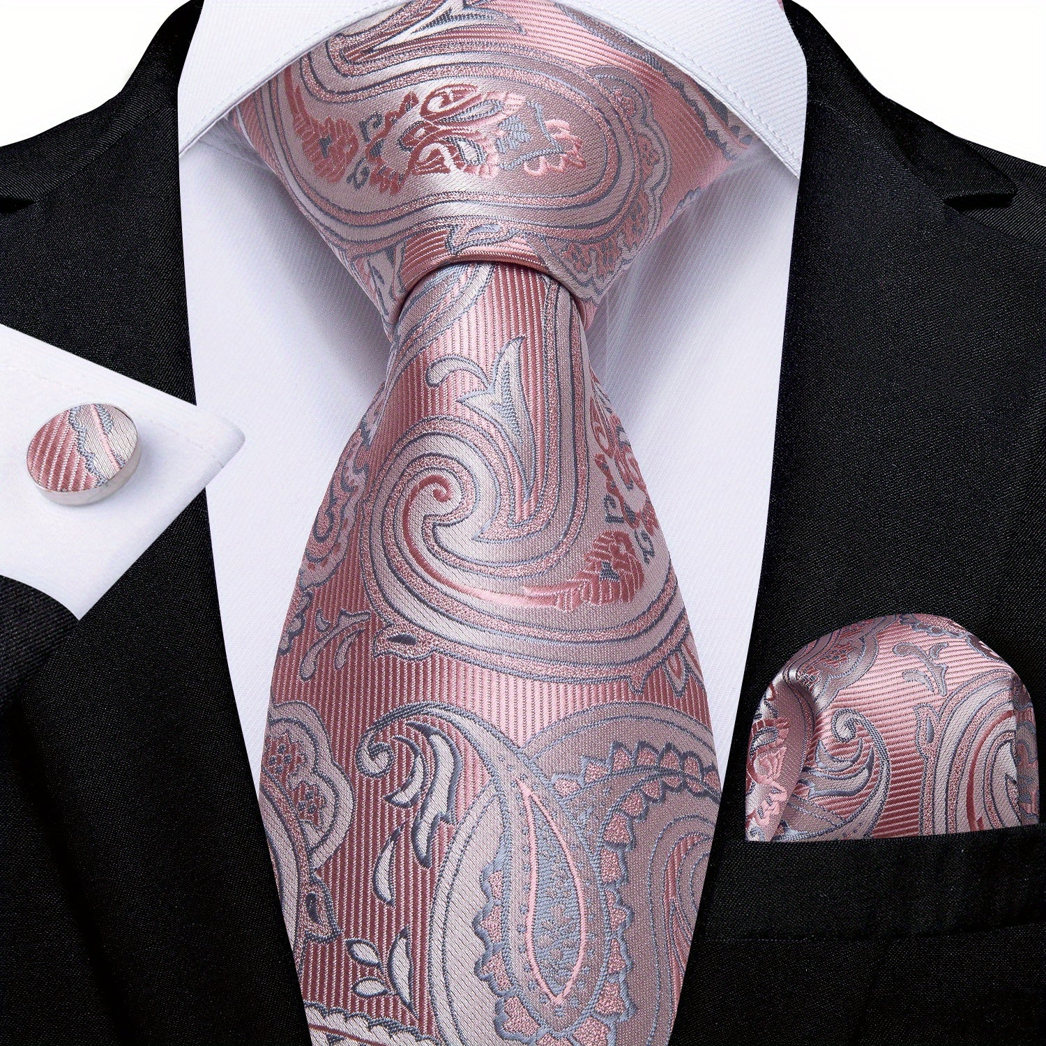 Stylish Men's Pink Patterned Tie Set with Pocket Square, Hanky, and Cufflinks - Perfect for Weddings or as a Gift