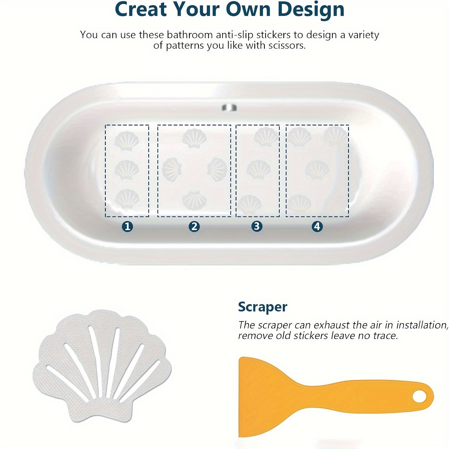 Suv o'tkazmaydigan vanna stikerlari 3, 12 yoki 24 ta to'plamlarda mavjud bo'lib, vanna, dush qavatlari, zinapoyalar va zinalar uchun shaffof qobiq shakllarini o'z ichiga oladi.
