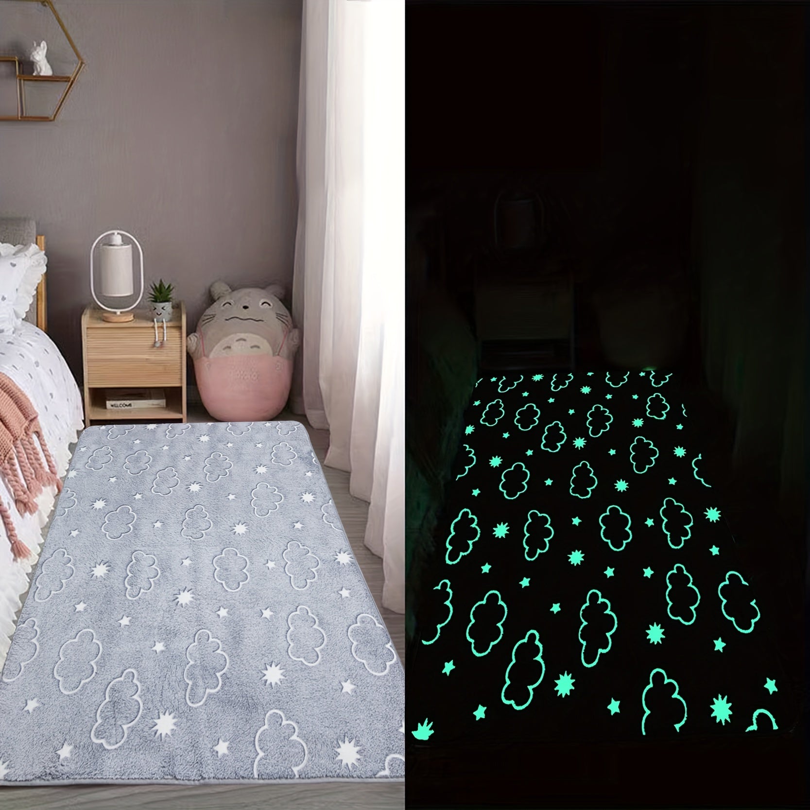 Alfombra de área de felpa luminosa y esponjosa con luna que brilla en la oscuridad y tapete de espuma viscoelástica para la cama