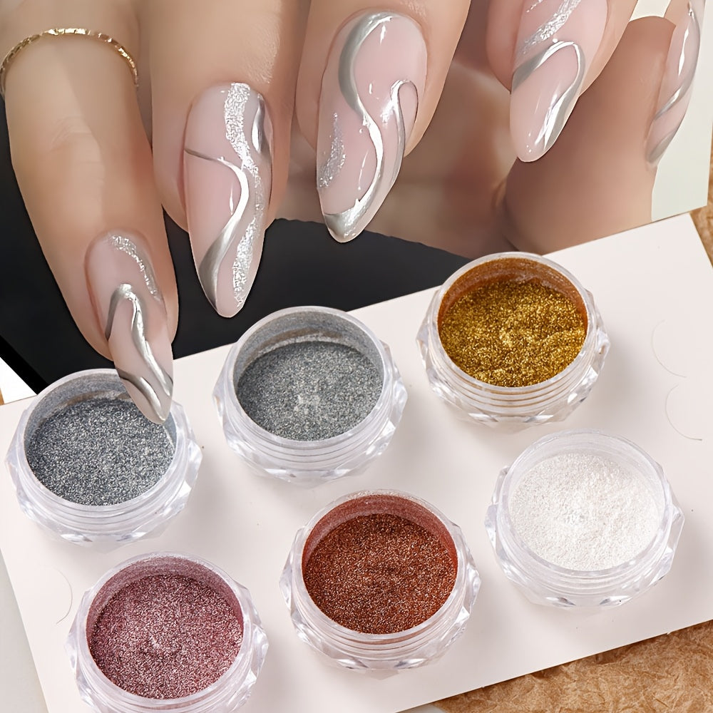 6 Pieces Chrome Mirror Nail Powder Set Metallic Gold Silver for Nail Art