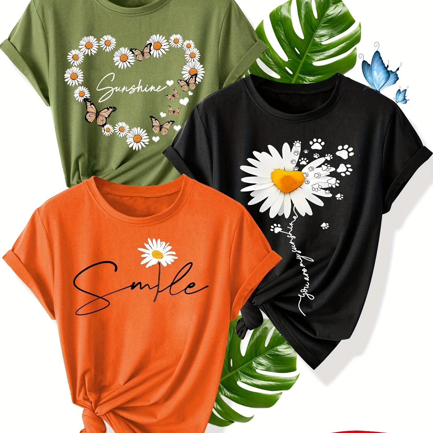 Women's Cotton Butterfly Pattern T-Shirt Summer Casual Short Sleeve