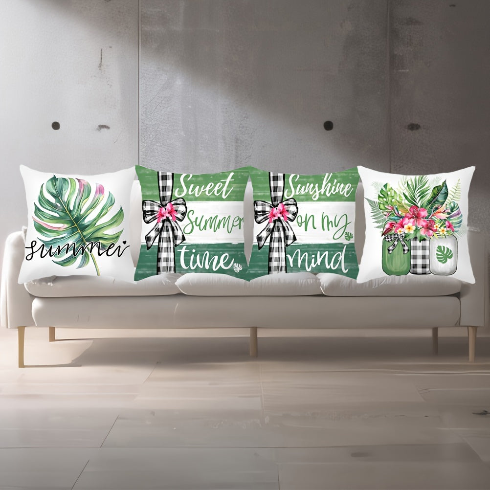 Green Leaves Throw Pillow Cover 43.99cm Square Stain-Resistant Polyester Hidden Zip