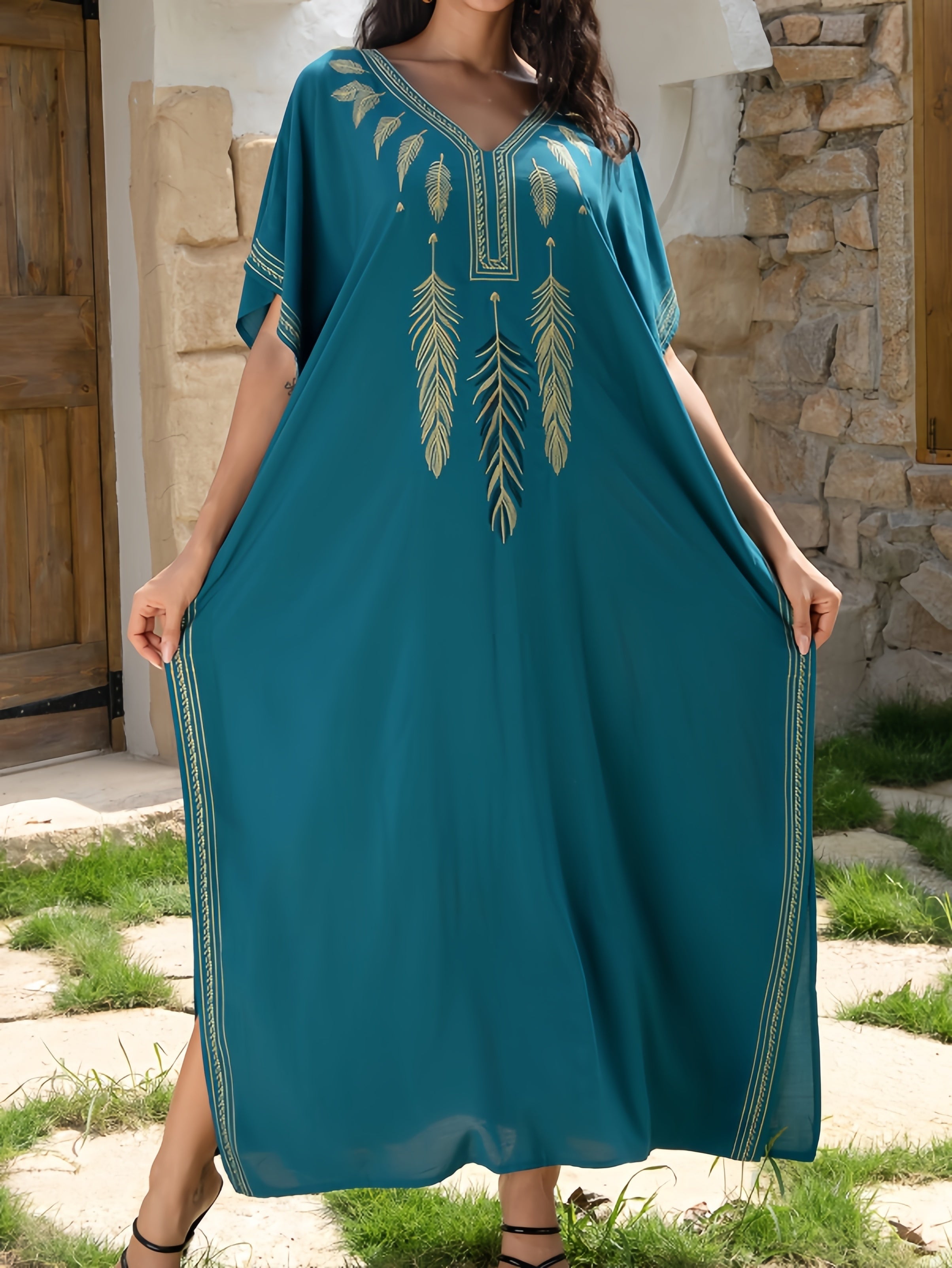 Women's Ethnic V-Neck Dress With Bat Sleeves and Side Slits for Beach Vacations