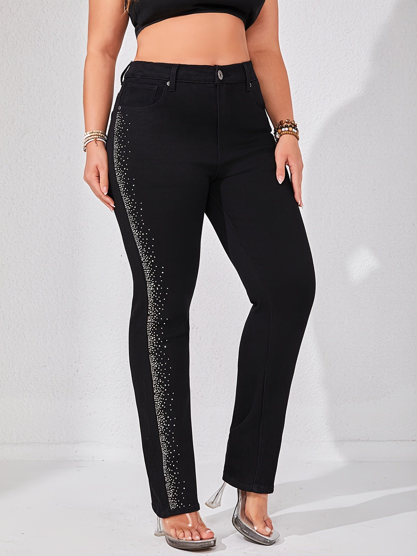Plus Size Denim Jeans Rhinestone Embellished Stretch Waist Solid Color