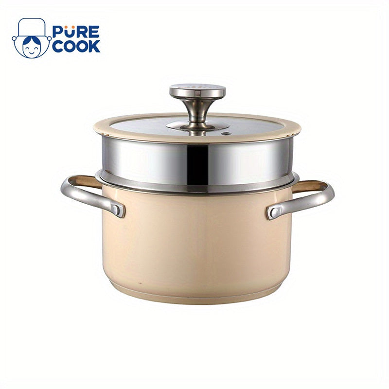 Cooking Pots Set with Glass Lids Stainless Steel Beige and White Compatible with Gas Stove
