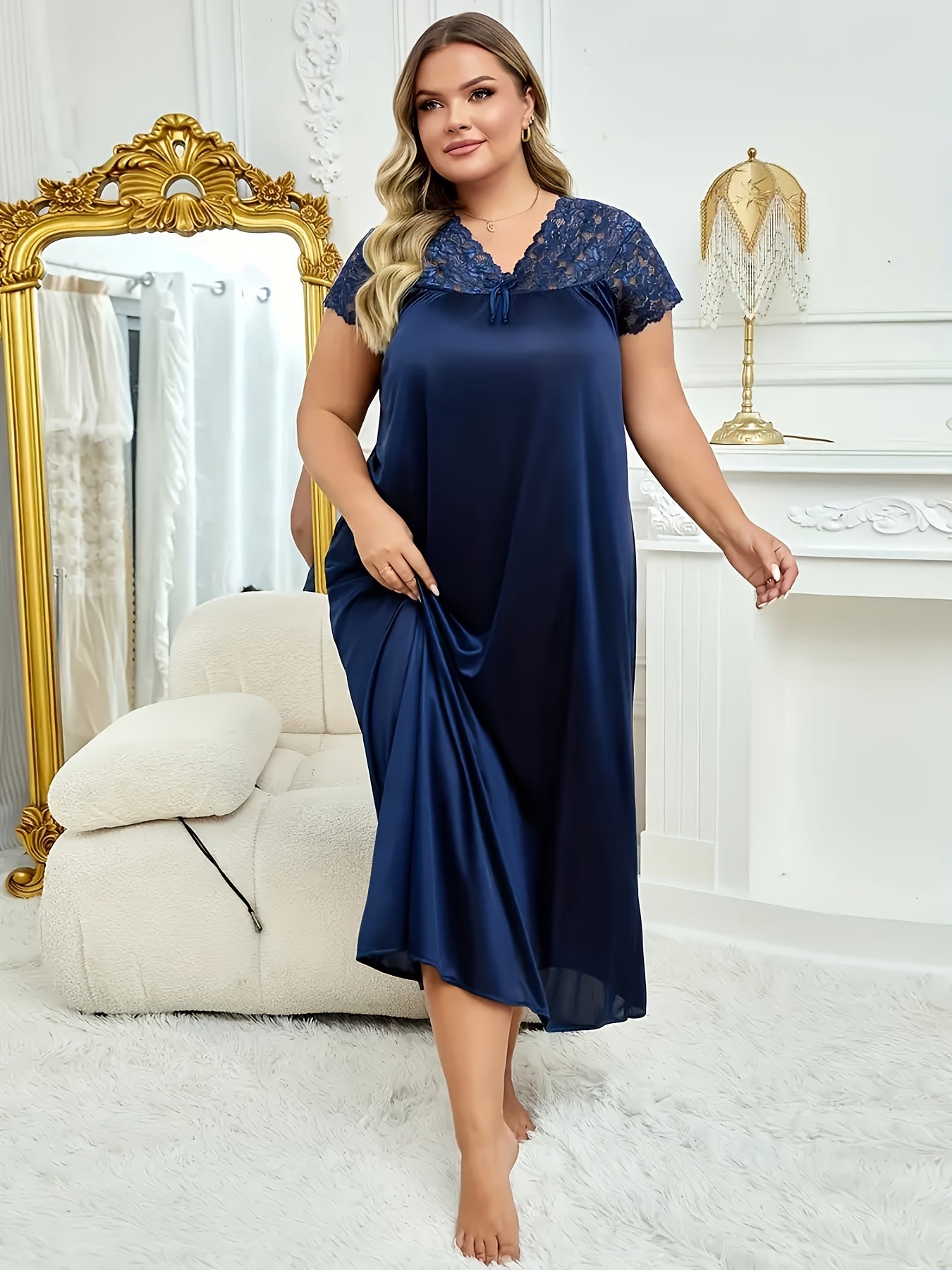 Women V-Neck Long Dress Set, Solid Colors, Plus Size Lounge Sleepwear