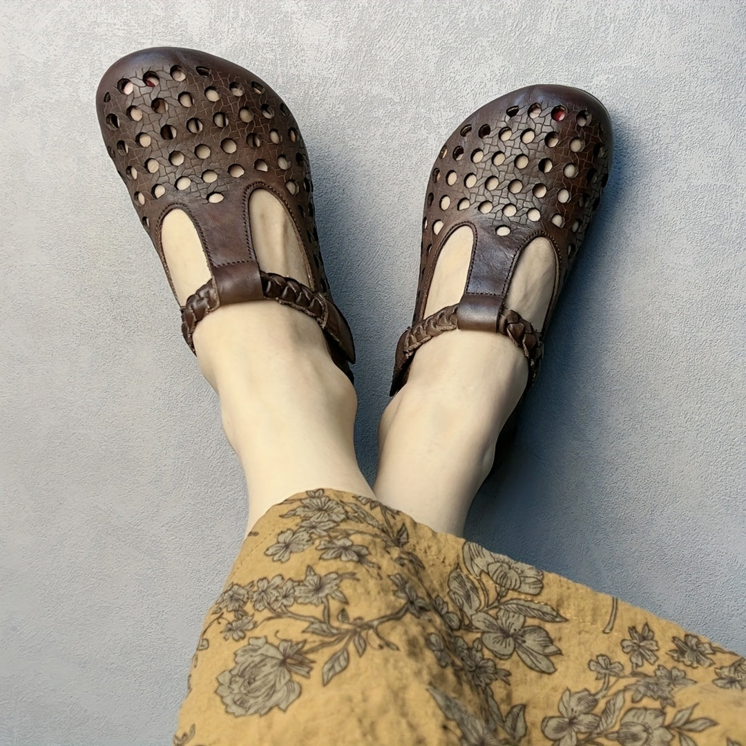 Women's Genuine Leather Mary Jane Flats with Adjustable T-Strap Breathable Summer Shoes