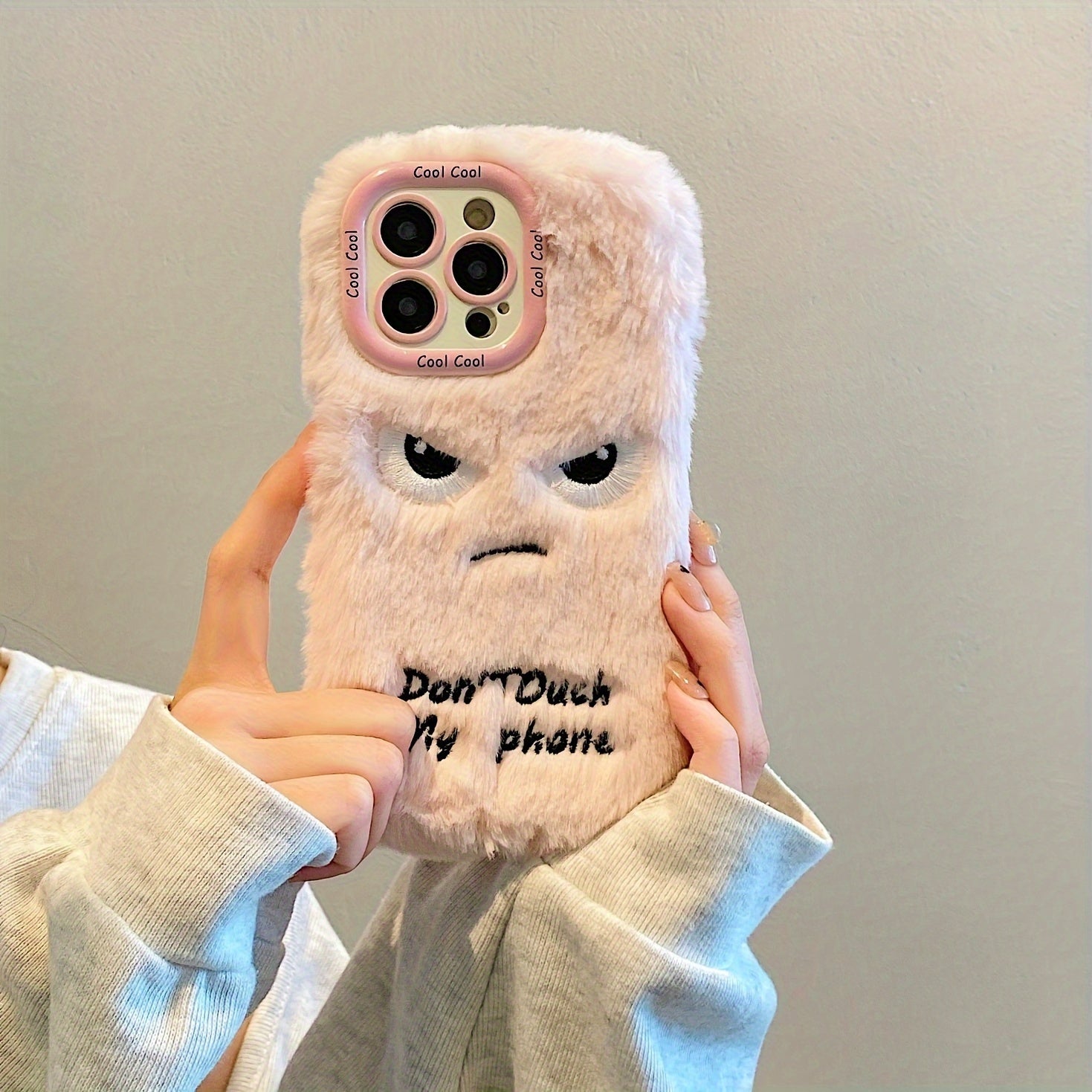 Plush Phone Case for iPhone 13-16 Pro Max with "Don't Touch My Phone" Expression and Lens Protection