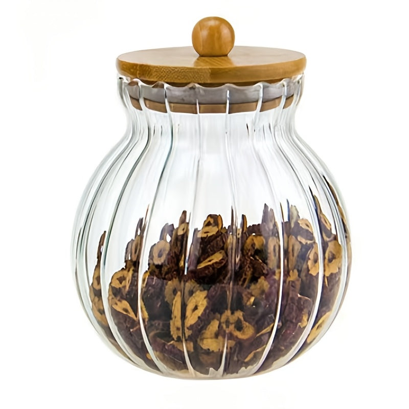 Glass Storage Jar With Bamboo Lid, Striped, for Tea Snacks and Seasonings