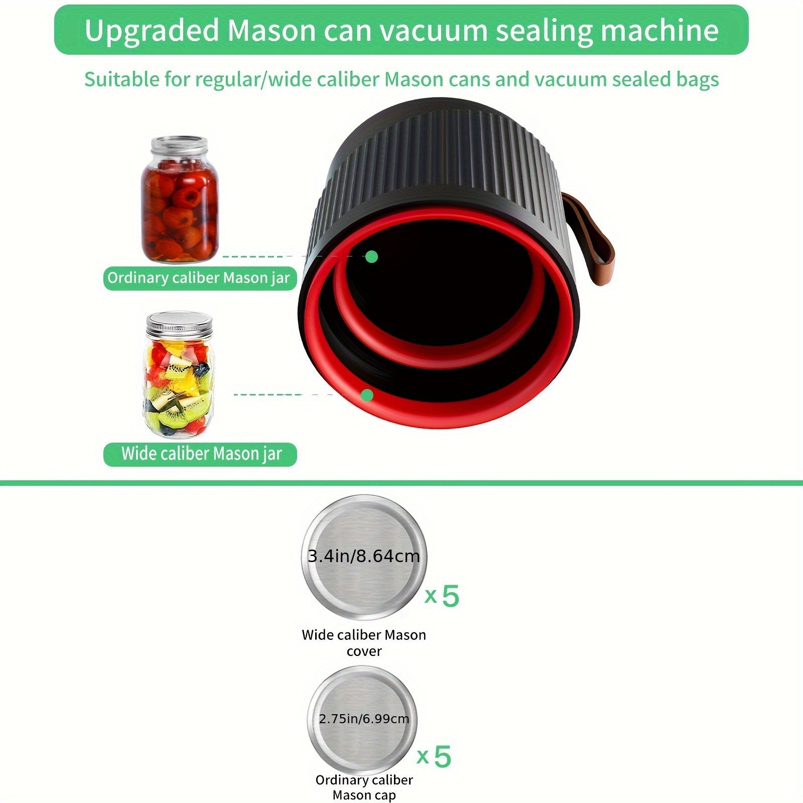 Mason jar vakuum yopishtiruvchi to'plami yangi oziq-ovqat saqlash va konservalash uchun, foydalanish oson va USB orqali qayta zaryadlanadi, oddiy va keng og'izli bankalar bilan mos keladi.