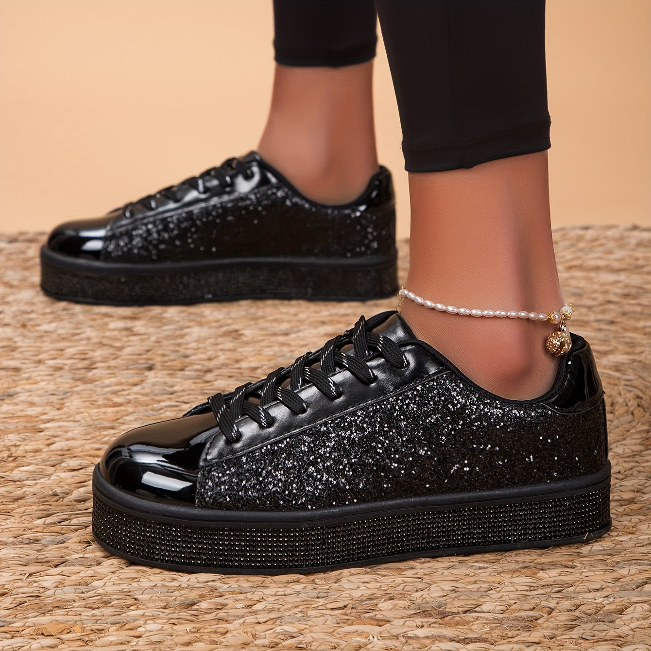 Women's Glitter Skate Shoes Casual Lace-Up Low Top Sneakers