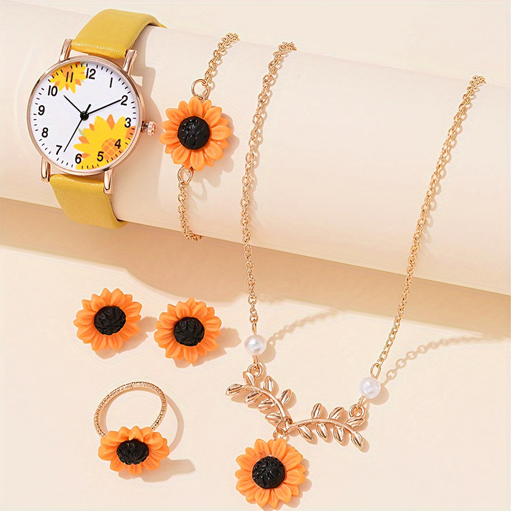Women's Daisy Flower Quartz Watch with Analog Display and Leather Band 1 2 or 6 Pieces