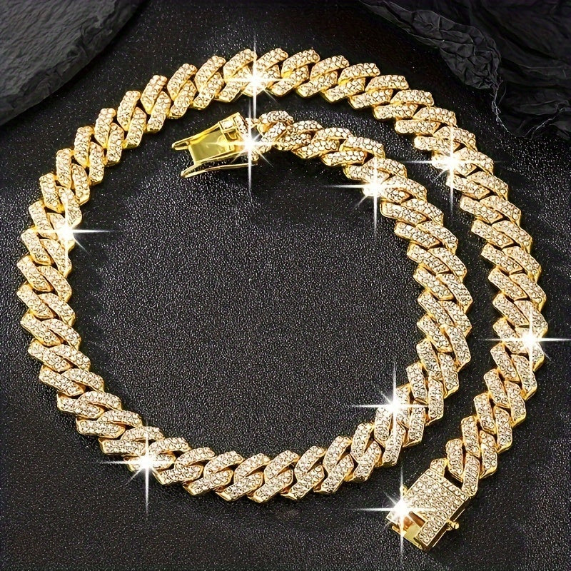 Y2K Rhinestone Cuban Link Chain Necklace and Bracelet Set for Hip Hop Style