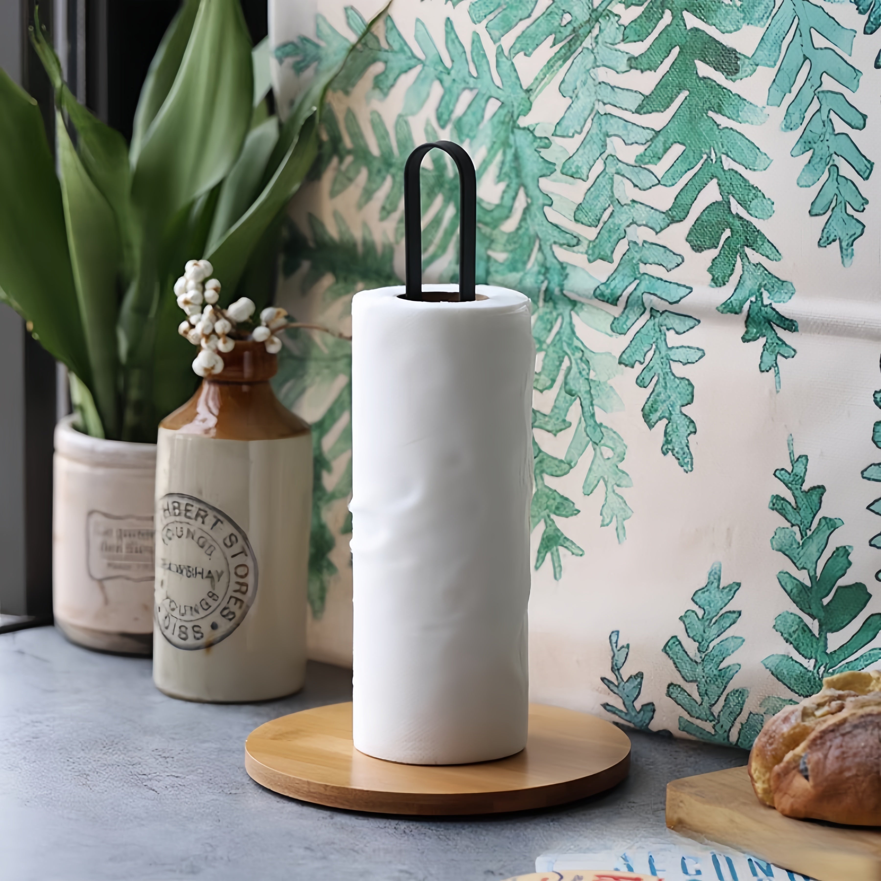 Black Bamboo and Metal Kitchen Paper Towel Holder Vertical Countertop Storage Rack