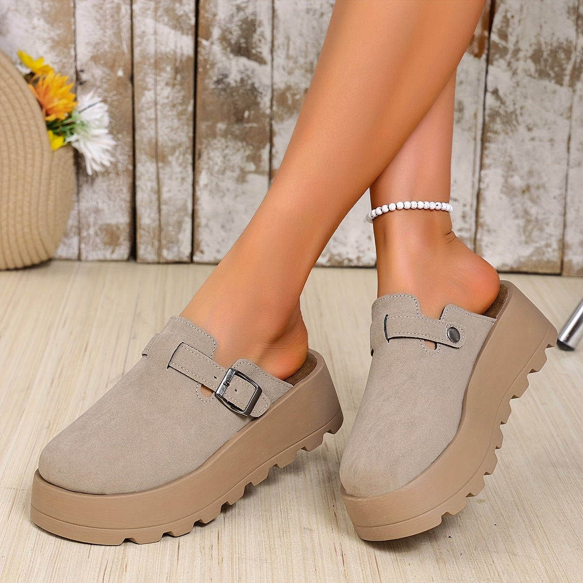 Women Beige Wedge Mules with Adjustable Buckle Slip-On Shoes