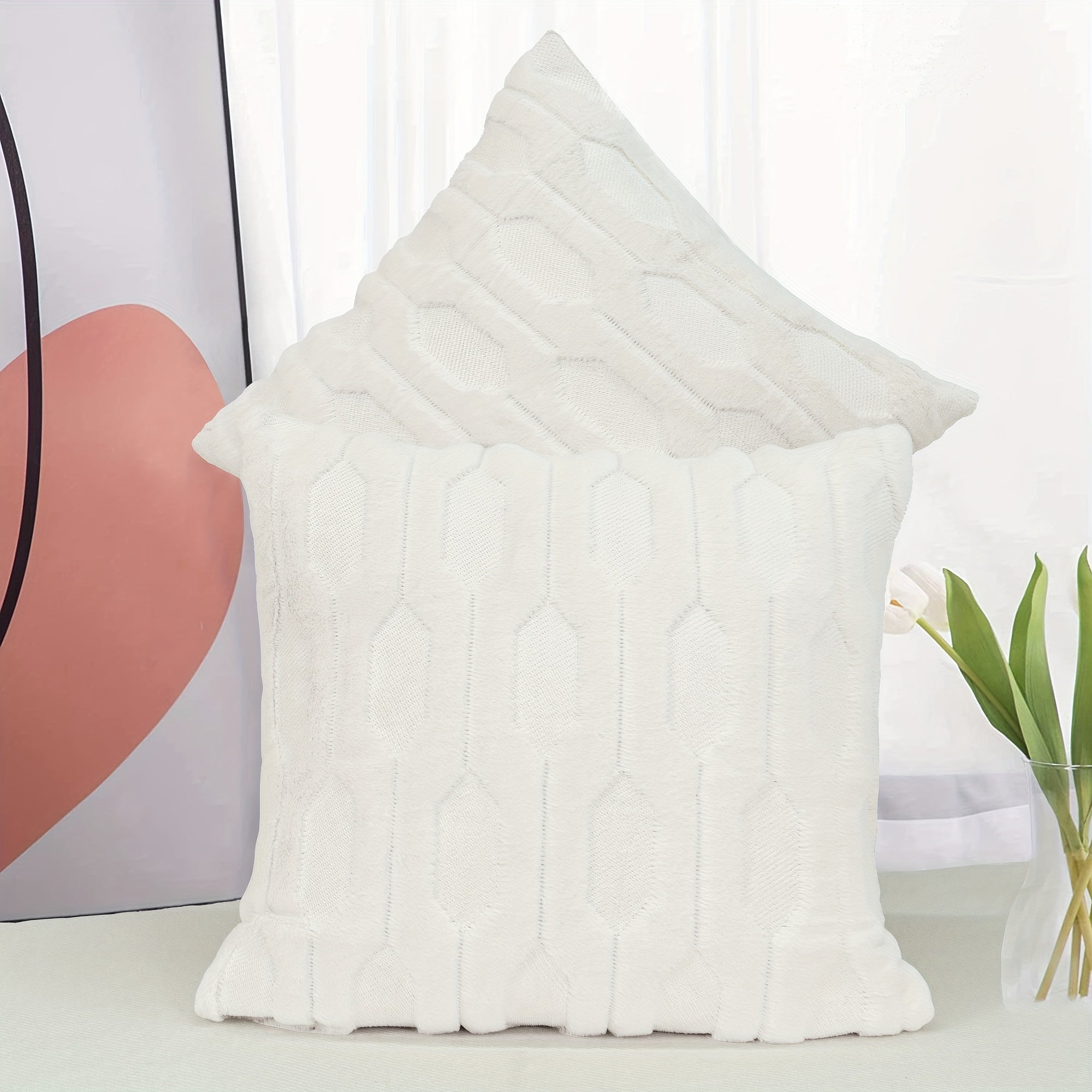 Soft Faux Fur Pillow Cover with Tatami Embroidery for Sofa Couch Bedroom Decor